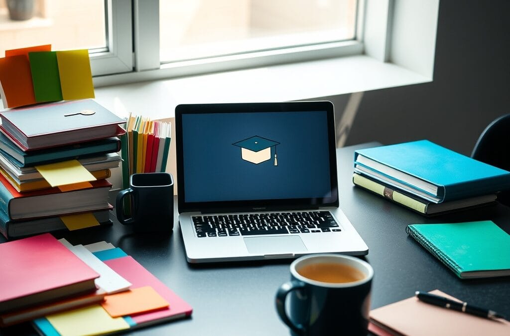 Bureau avec ordinateur portable et carnets de notes pour formations IA en ligne