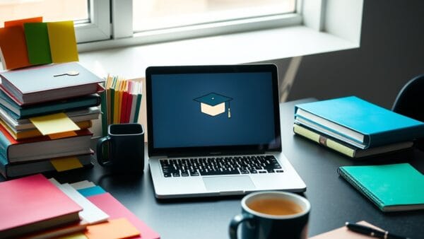 Bureau avec ordinateur portable et carnets de notes pour formations IA en ligne