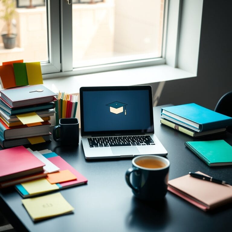 Bureau avec ordinateur portable et carnets de notes pour formations IA en ligne