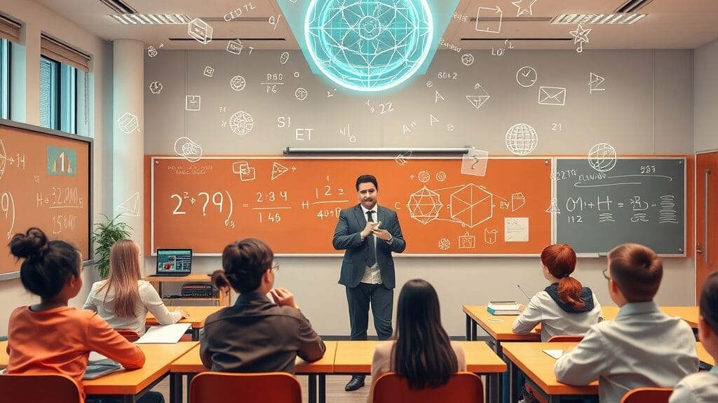 Salle de classe moderne avec tuteur IA holographique accompagnant des étudiants