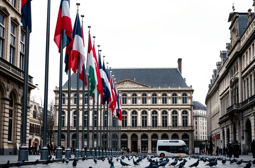Drapeaux européens devant un bâtiment institutionnel à Bruxelles