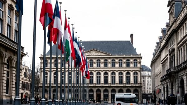 Drapeaux européens devant un bâtiment institutionnel à Bruxelles