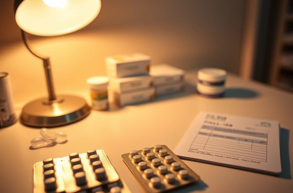 Comptoir de pharmacie avec plaquettes de médicaments et ordonnance