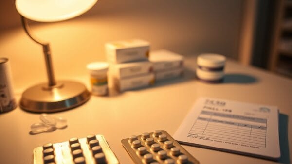 Comptoir de pharmacie avec plaquettes de médicaments et ordonnance