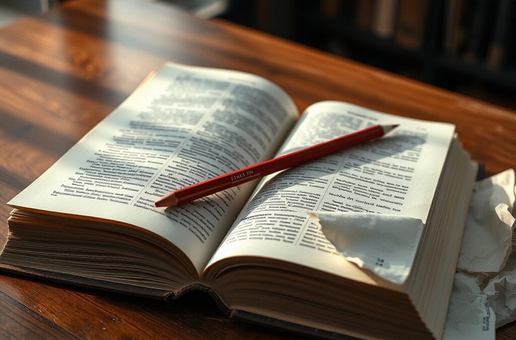 Encyclopédie ouverte avec crayon rouge sur bureau en bois
