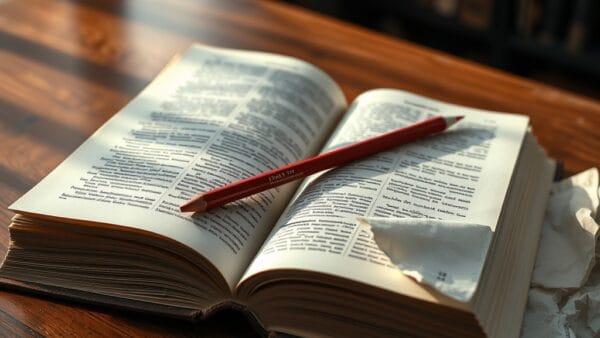 Encyclopédie ouverte avec crayon rouge sur bureau en bois