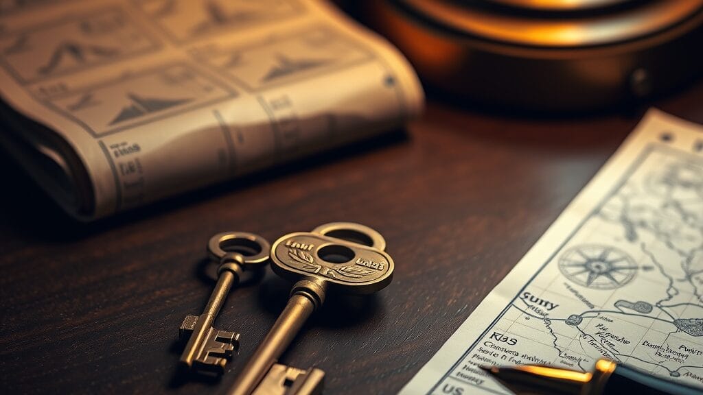 Trois clés en laiton ancien disposées en triangle sur un bureau en noyer