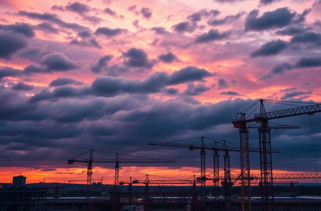 Vue aérienne d'un vaste chantier industriel avec structures en acier et grues sous un ciel dramatique au crépuscule