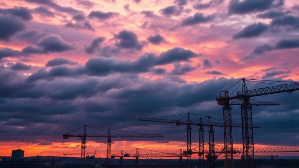 Vue aérienne d'un vaste chantier industriel avec structures en acier et grues sous un ciel dramatique au crépuscule