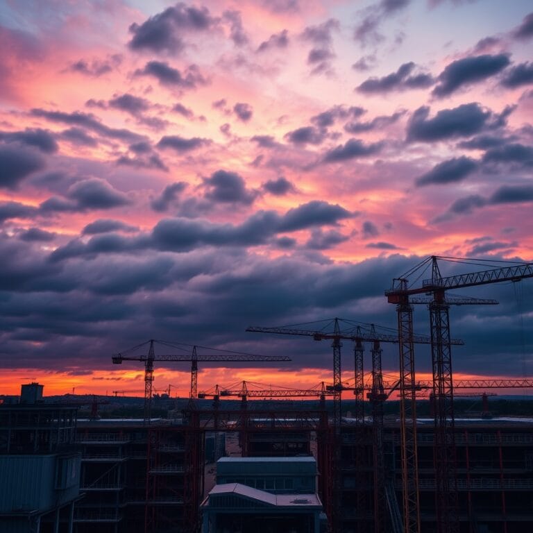 Vue aérienne d'un vaste chantier industriel avec structures en acier et grues sous un ciel dramatique au crépuscule