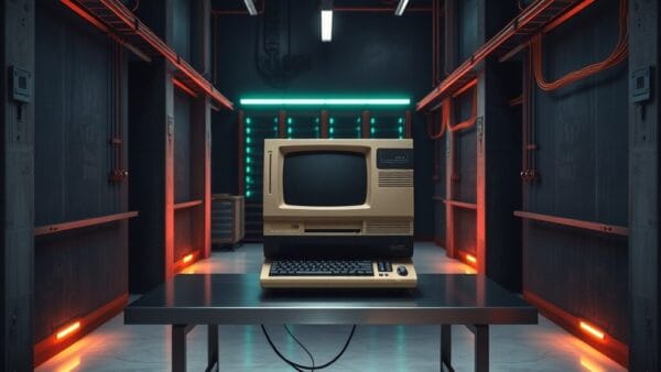 Laboratoire informatique silencieux au crépuscule, machine vintage fermée sur établi en acier brossé, éclairage émeraude et ambre.