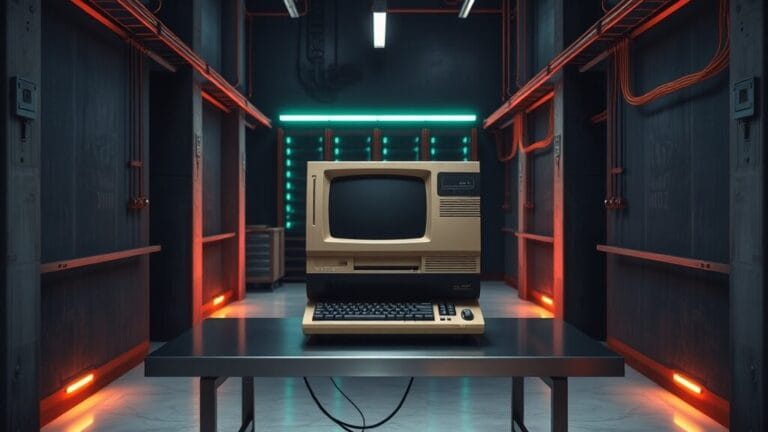 Laboratoire informatique silencieux au crépuscule, machine vintage fermée sur établi en acier brossé, éclairage émeraude et ambre.