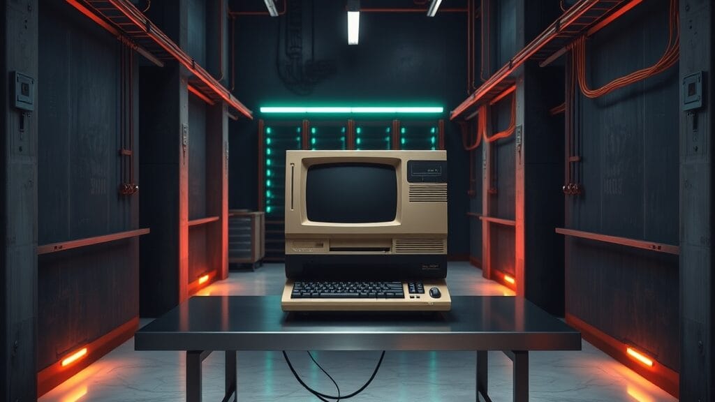 16 bytes de x86 : anatomie d'une démo qui transforme un fractal en son 1 Laboratoire informatique silencieux au crépuscule, machine vintage fermée sur établi en acier brossé, éclairage émeraude et ambre.