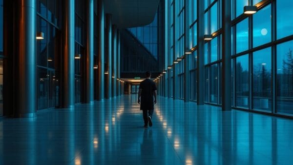 Atrium d'hôpital désert au crépuscule, silhouette d'un soignant s'éloignant dans un long couloir.