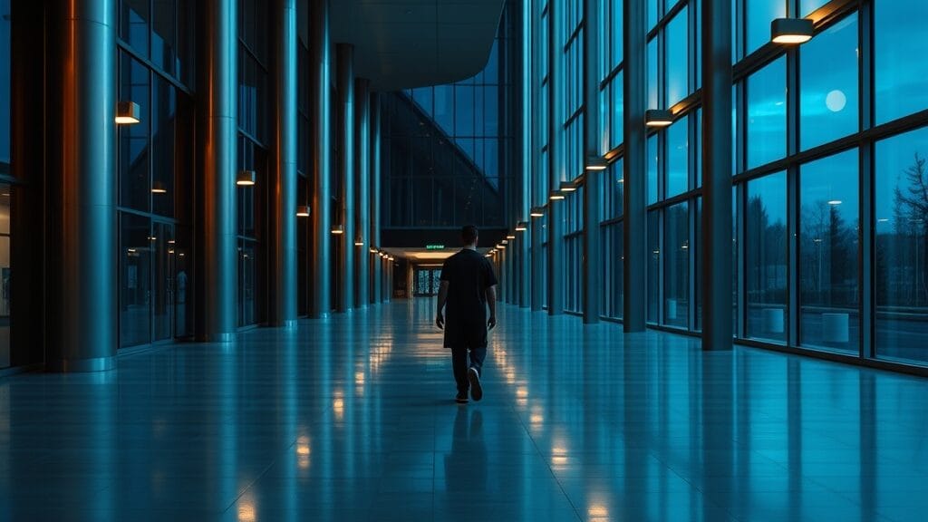 Atrium d'hôpital désert au crépuscule, silhouette d'un soignant s'éloignant dans un long couloir.