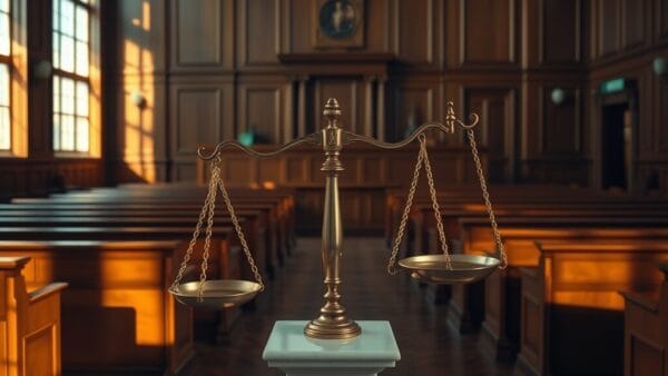 Salle d'audience vide au lever du jour, balance de justice en cuivre brossé sur socle de marbre.