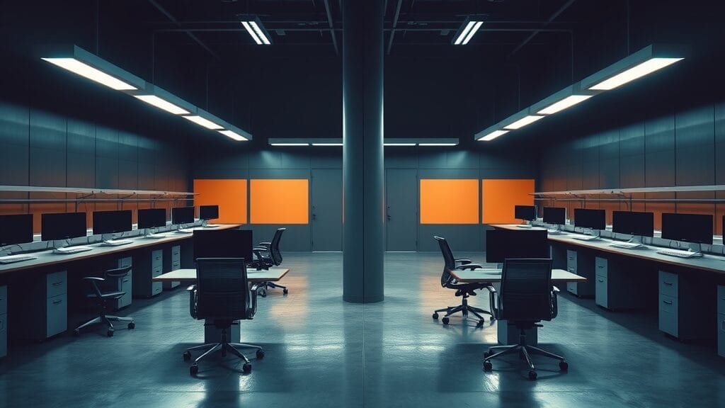 Salle de recherche vide avec quatre postes de travail symétriques autour d'une colonne centrale, écrans éteints.