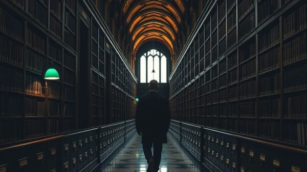 Salle d'archives institutionnelle aux rayonnages de bois sombre, silhouette d'archiviste à distance dans l'allée centrale.