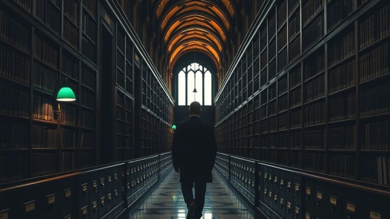 Airbyte Agents : anatomie d'une économie de tokens à 90 % 7 Salle d'archives institutionnelle aux rayonnages de bois sombre, silhouette d'archiviste à distance dans l'allée centrale.