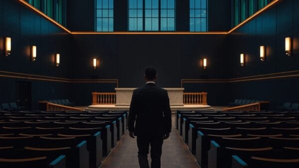 Salle de débat institutionnelle vide au crépuscule, silhouette de dos s'avançant vers un pupitre de marbre.