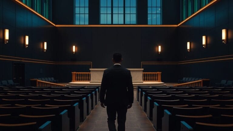 Salle de débat institutionnelle vide au crépuscule, silhouette de dos s'avançant vers un pupitre de marbre.