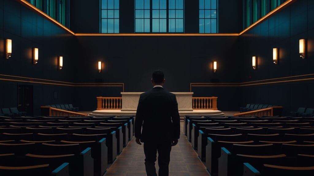 Salle de débat institutionnelle vide au crépuscule, silhouette de dos s'avançant vers un pupitre de marbre.