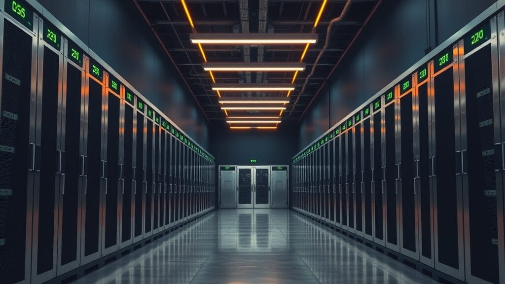 Salle de contrôle institutionnelle au crépuscule, racks en acier brossé et lumière ambrée distante.