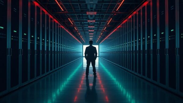 Vue large d'une salle d'ingénierie aux racks en acier brossé, silhouette d'un technicien de dos au loin.