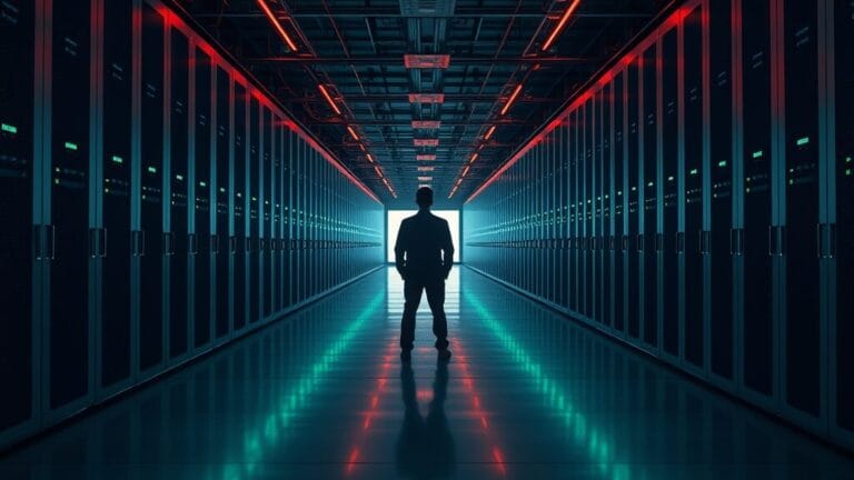Vue large d'une salle d'ingénierie aux racks en acier brossé, silhouette d'un technicien de dos au loin.