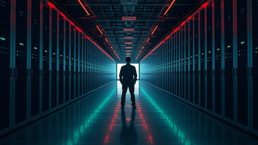 Vue large d'une salle d'ingénierie aux racks en acier brossé, silhouette d'un technicien de dos au loin.