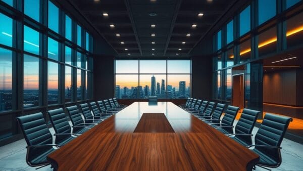 Salle de conseil institutionnelle vide au crépuscule, table en noyer poli face à la skyline d'une métropole.