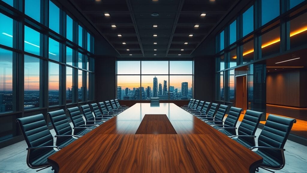 Salle de conseil institutionnelle vide au crépuscule, table en noyer poli face à la skyline d'une métropole.