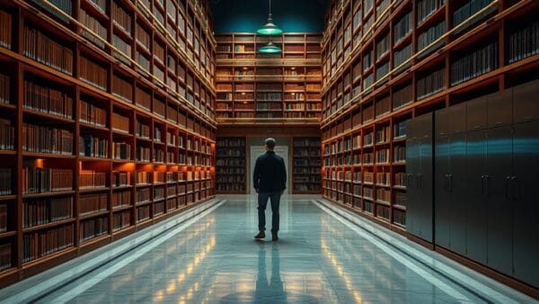 Aile de bibliothèque institutionnelle aux étagères en noyer, silhouette d'archiviste de dos au loin sous des lampes ambrées.