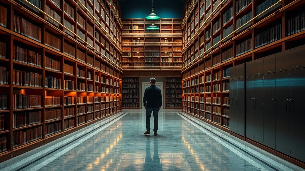 Aile de bibliothèque institutionnelle aux étagères en noyer, silhouette d'archiviste de dos au loin sous des lampes ambrées.