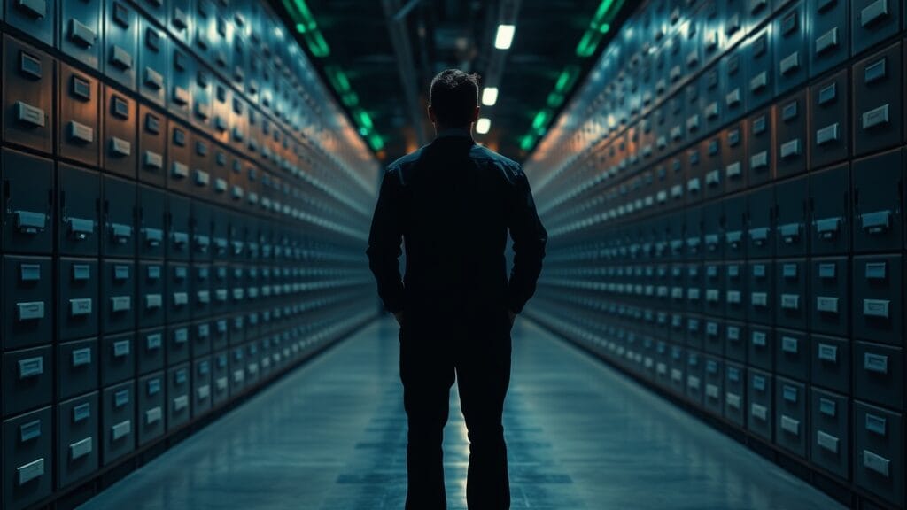 Arena AI Model ELO History : anatomie d'un classement qui dévoile les régressions cachées 1 Archives institutionnelles au crépuscule, silhouette d'archiviste de dos entre des rangées d'étagères en acier.