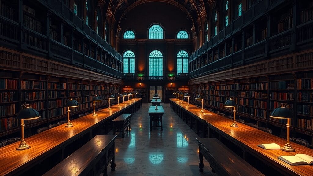 Salle de lecture déserte d'une vaste bibliothèque institutionnelle au crépuscule, étagères en bois sombre et lampes de cuivre.
