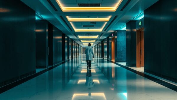 Couloir d'hôpital pédiatrique avec silhouette d'un soignant vu de dos au loin.