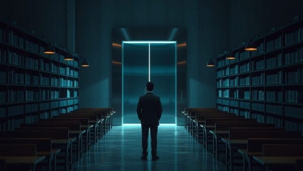Couloir d'archives institutionnel avec porte d'acier entrouverte et silhouette d'archiviste de dos au loin.