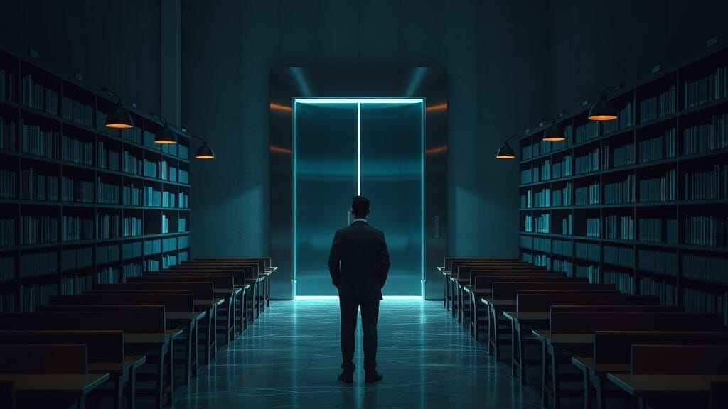 Couloir d'archives institutionnel avec porte d'acier entrouverte et silhouette d'archiviste de dos au loin.