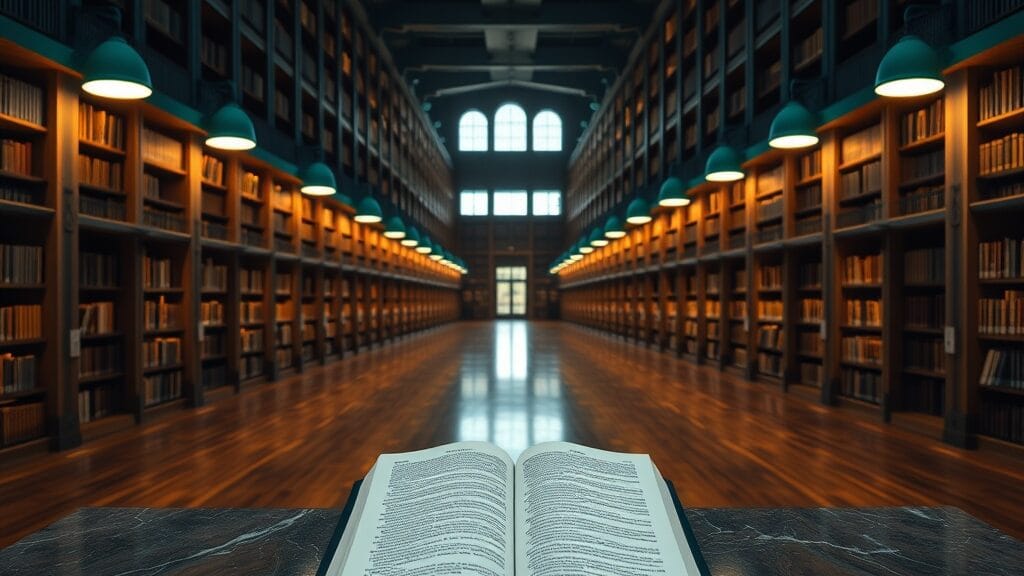 Bibliothèque institutionnelle vide au crépuscule, dictionnaire fermé sur un bureau de marbre, lumière ambrée tamisée.
