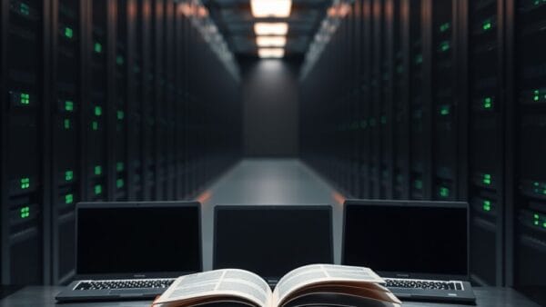 Salle de serveurs silencieuse avec trois ordinateurs portables fermés sur un établi métallique.