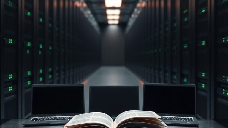 Bun, Rust, TypeScript : anatomie d'un virage IA 1 Salle de serveurs silencieuse avec trois ordinateurs portables fermés sur un établi métallique.