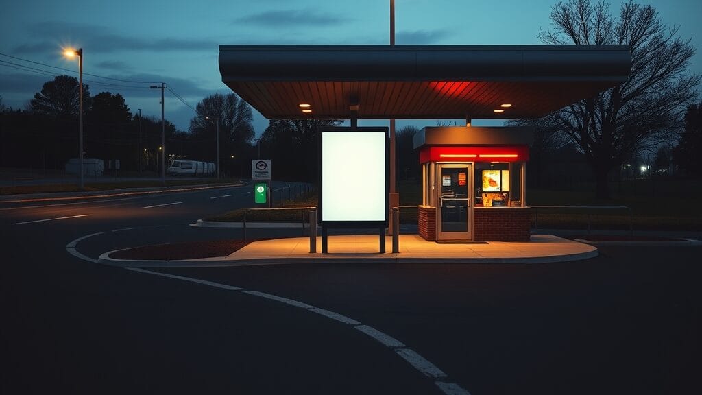 Voie de drive-thru vide au crépuscule, panneau de commande vierge sous un auvent en acier brossé.