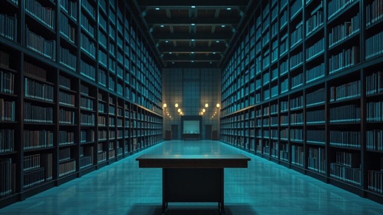 ChatGPT 5.5 Pro résout en 80 minutes un problème de recherche 9 Bibliothèque institutionnelle vide au crépuscule, table de lecture en bois centrée, lumière froide et reflets ambre.