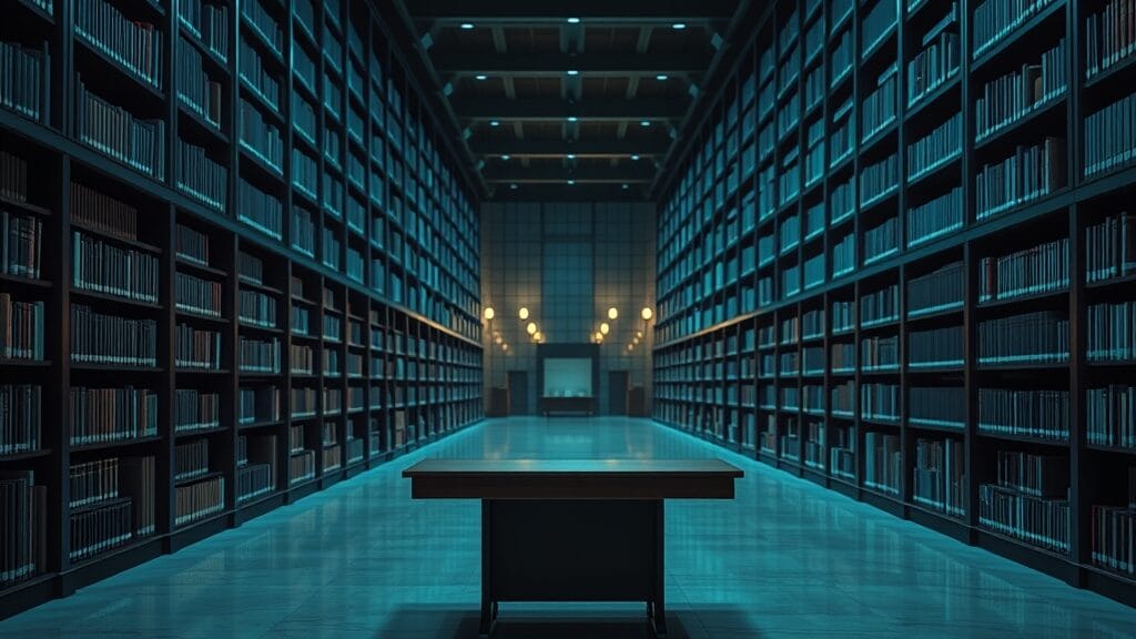 Bibliothèque institutionnelle vide au crépuscule, table de lecture en bois centrée, lumière froide et reflets ambre.