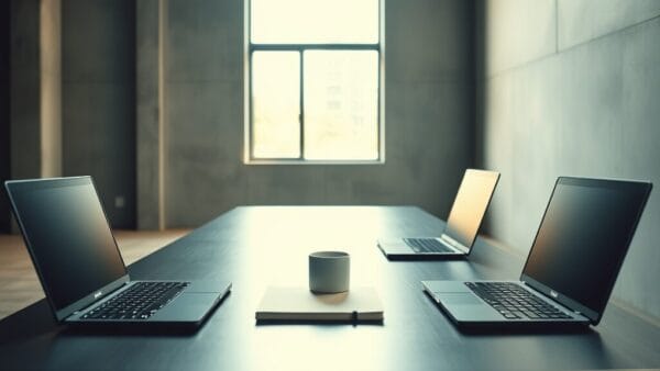 Trois ordinateurs portables fermés alignés sur un bureau en acier brossé, studio minimal en béton.