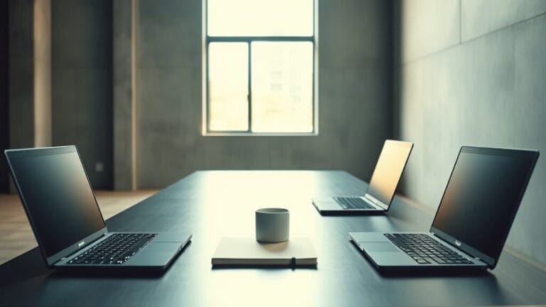 Trois ordinateurs portables fermés alignés sur un bureau en acier brossé, studio minimal en béton.