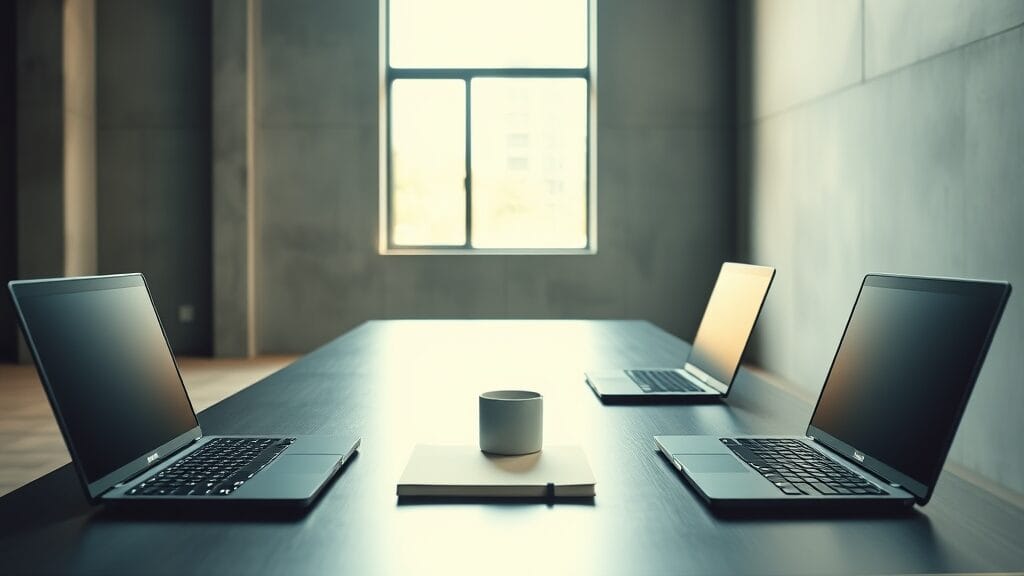 Trois ordinateurs portables fermés alignés sur un bureau en acier brossé, studio minimal en béton.
