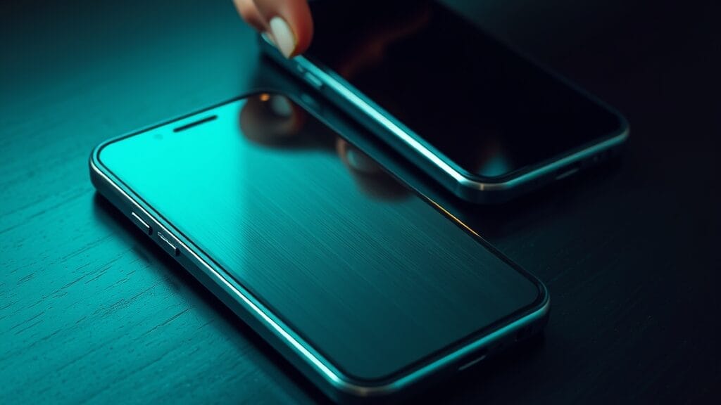 Deux smartphones posés sur un bureau en bois sombre, l'un tenu par une main qui entre dans le cadre par l'arrière.