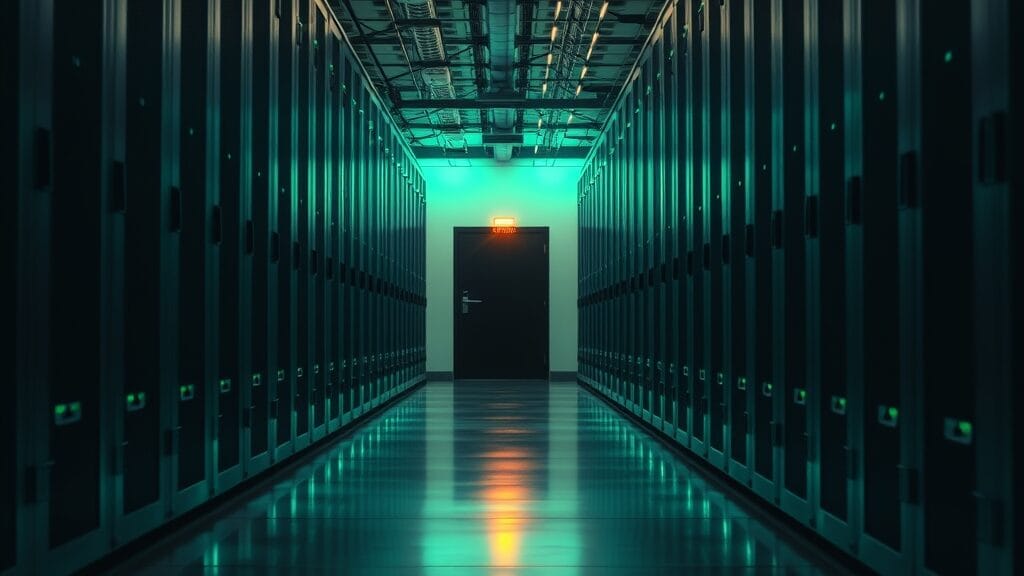 Long couloir d'une salle de serveurs avec armoires de stockage en acier brossé sous lumière émeraude tamisée.